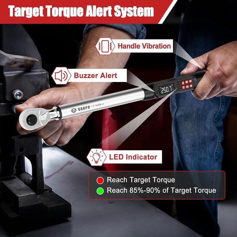 VANPO 1/2-Inch Digital Torque Wrench, 12.5–250.8 ft-lb/17–340 Nm, ±2% Accuracy, Electronic Torque Wrench with LCD Display, Audible & Vibration Alert, Easy Battery Access, for Car & Mechanic Repair - Image 2